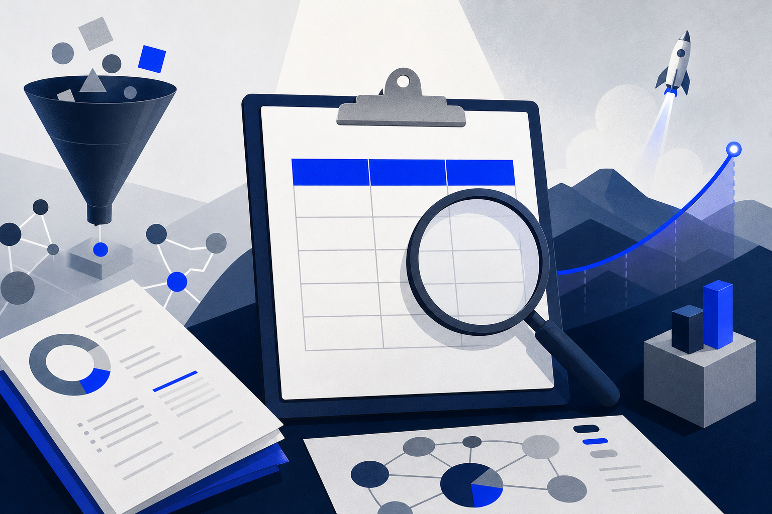 A clipboard with a blue-headed table under a magnifying glass, surrounded by a funnel, charts, a rocket, and network diagrams.