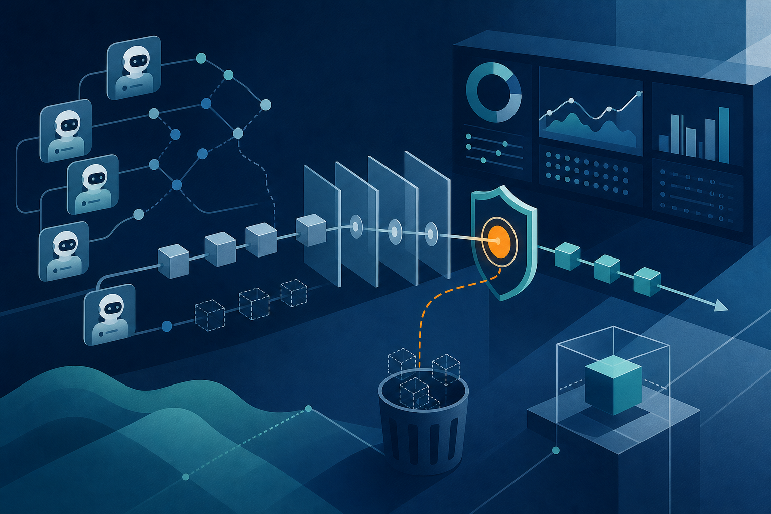 Stylized robot assistants feed data cubes through a series of filters into a shield and dashboard, while flawed cubes drop into a trash bin.