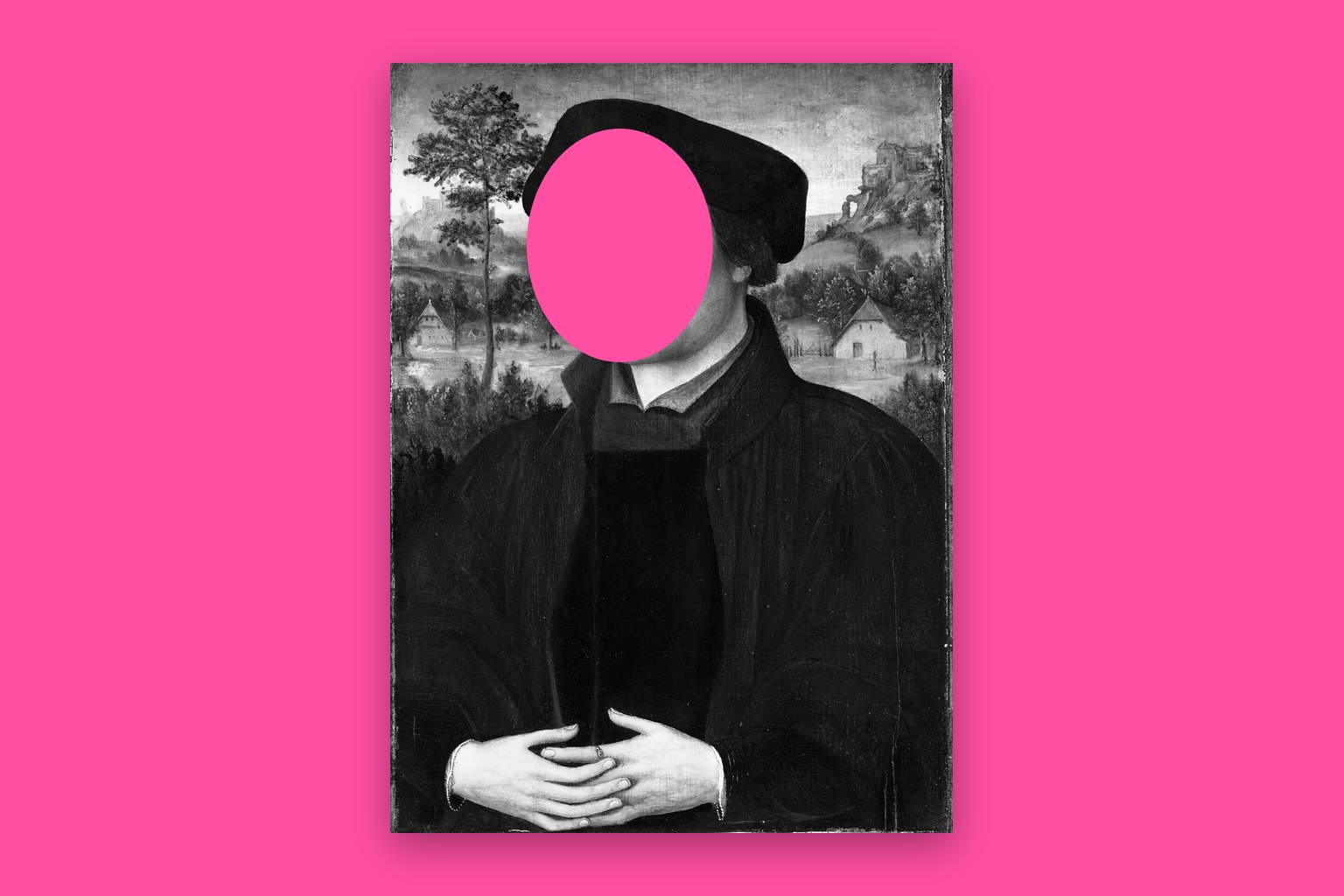 A North Netherlandish portrait of a man (c. 1525), with the face cut out to a flat hot pink backdrop