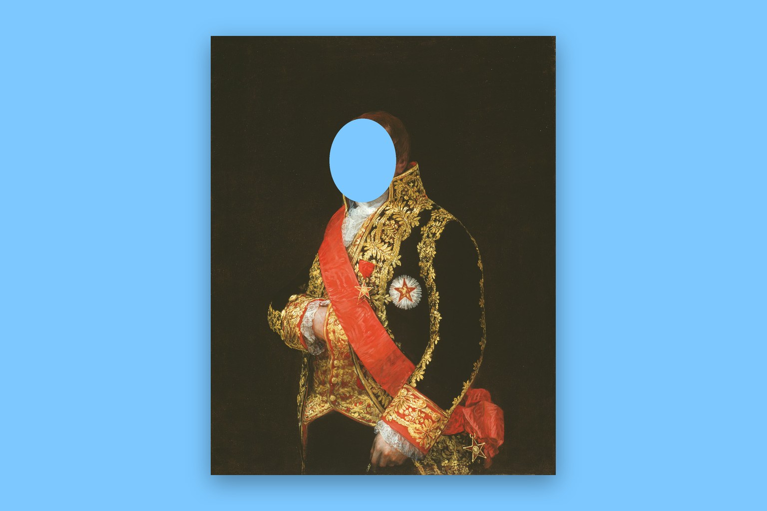 Portrait of General José Manuel Romero by Francisco José de Goya y Lucientes (c. 1810), with the face cut out to a flat sky blue backdrop