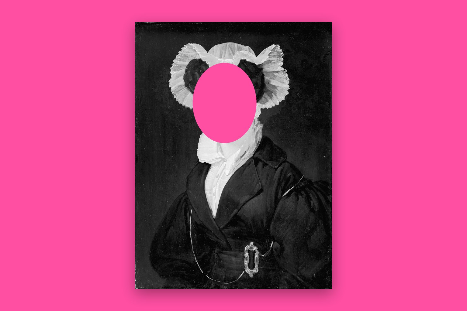 Portrait of a Woman, attributed to Mathias Stoltenberg (c. 1820), with the face cut out to a flat hot pink backdrop