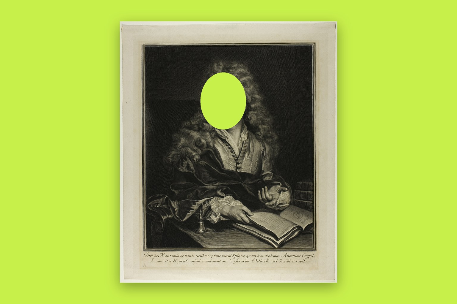Gérard Edelinck's engraved portrait of Pierre de Montarsis (1692), with the face cut out to a flat lime backdrop