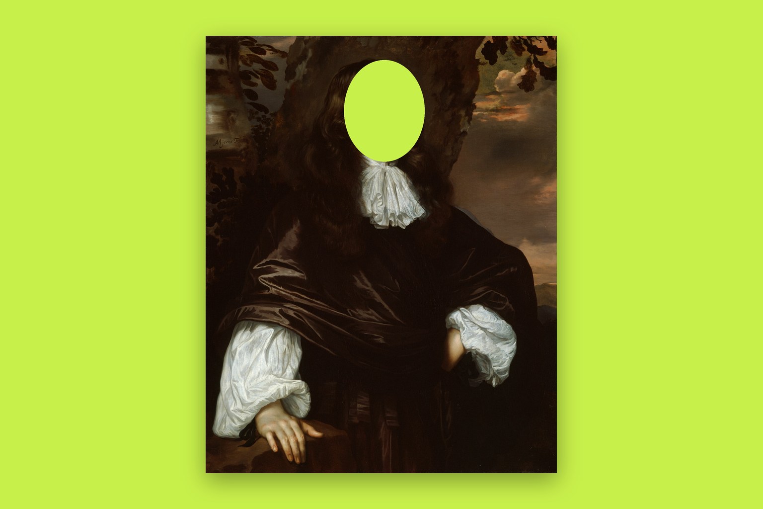 Portrait of a Man by Jan Mijtens (c. 1665), with the face cut out to a flat lime backdrop