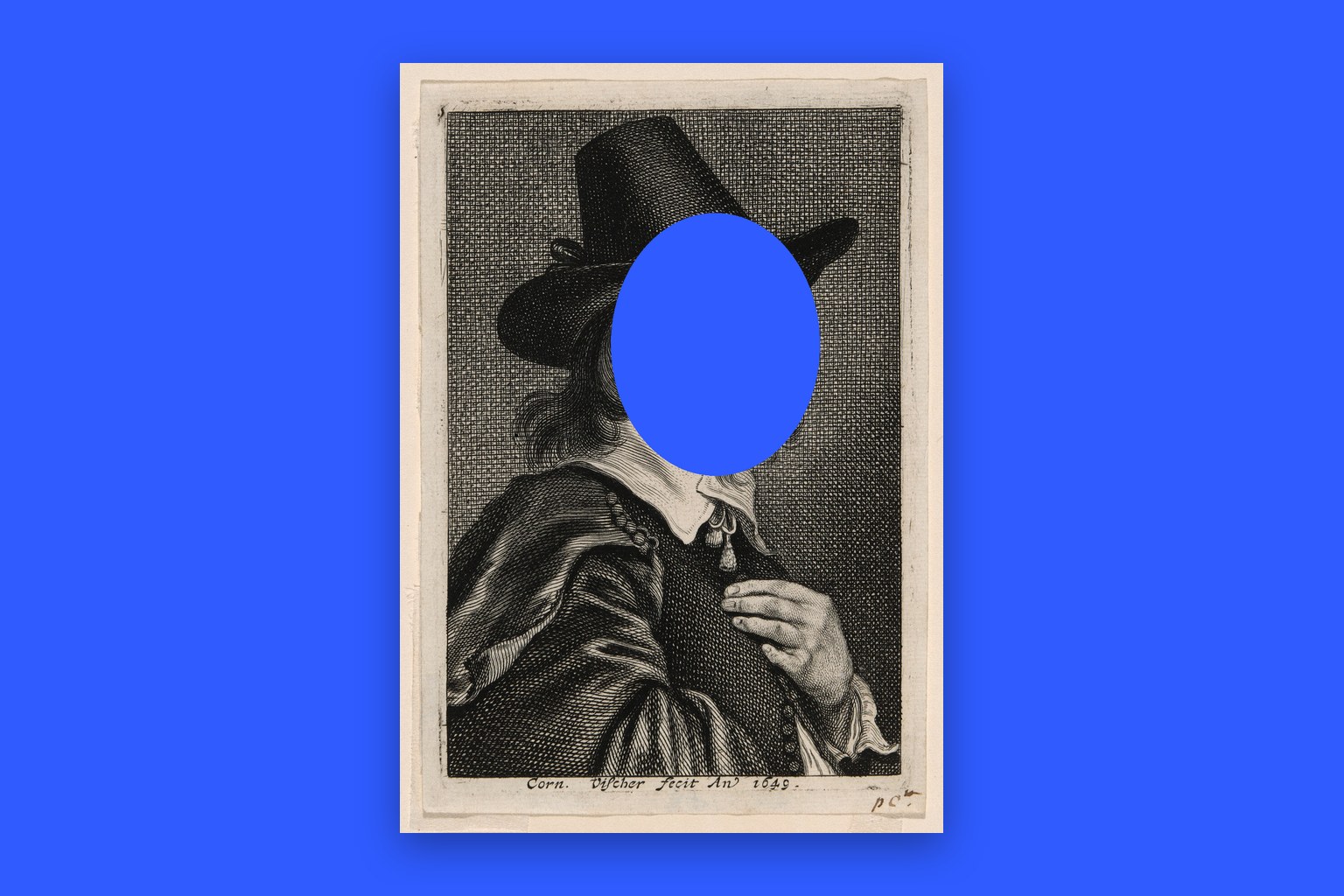 Self-Portrait by Cornelis Visscher (1649), with the face cut out to a flat cobalt blue backdrop