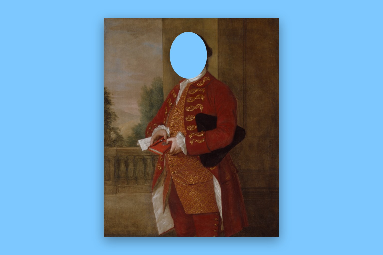 Cosmo Alexander's portrait of Alexander Grant (1770), with the face cut out to a flat sky blue backdrop