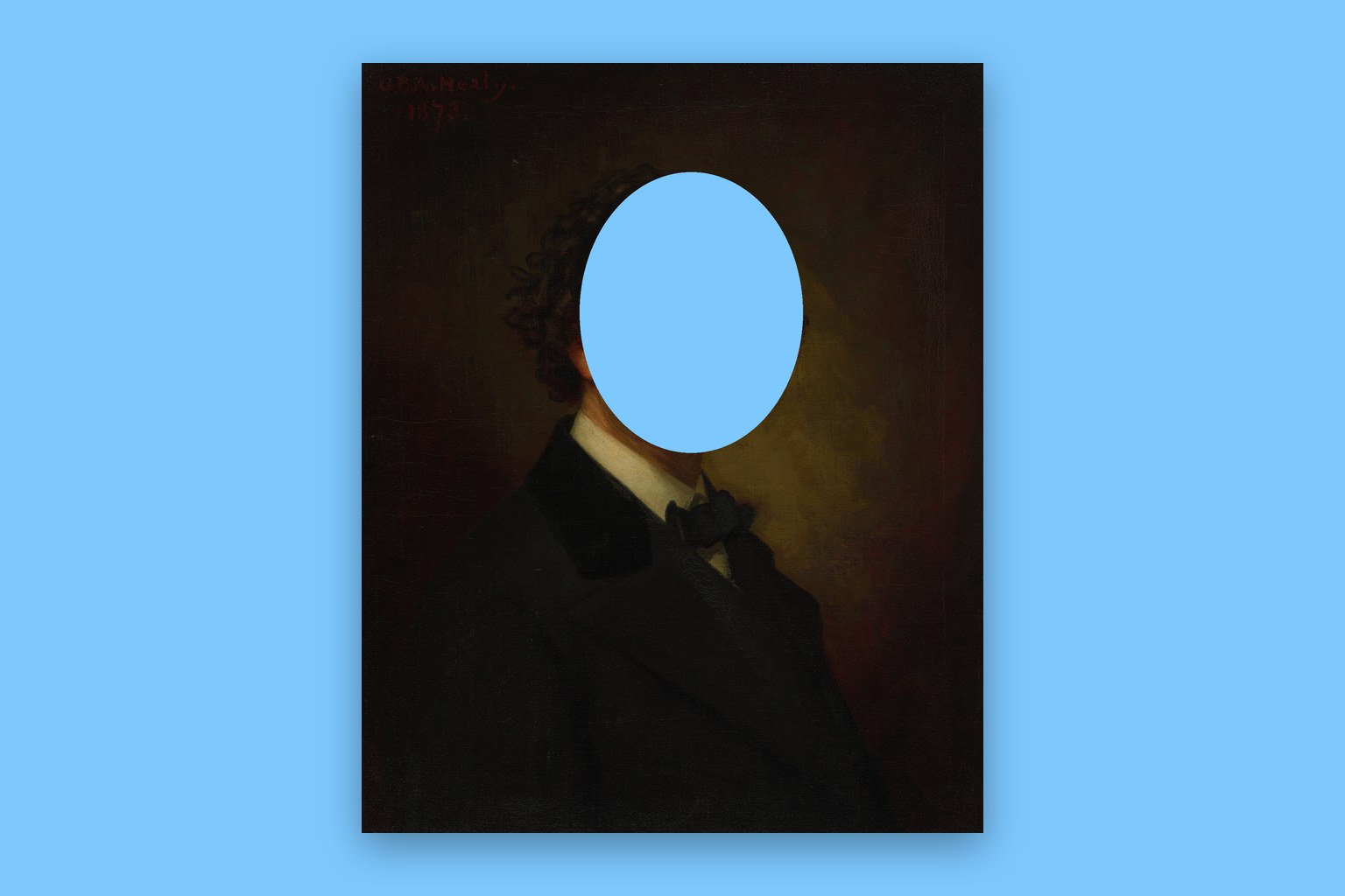 Self-Portrait by George Peter Alexander Healy (1873), with the face cut out to a flat sky blue backdrop