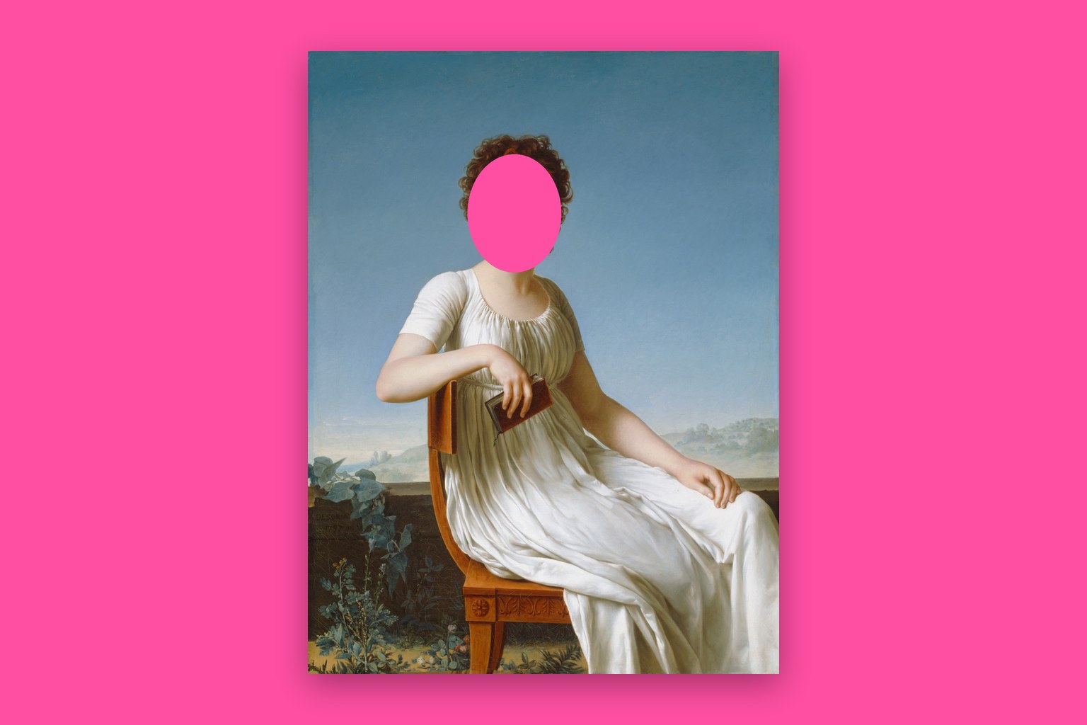 Portrait of Constance Pipelet by Jean Baptiste François Désoria (1797), with the face cut out to a flat hot pink backdrop