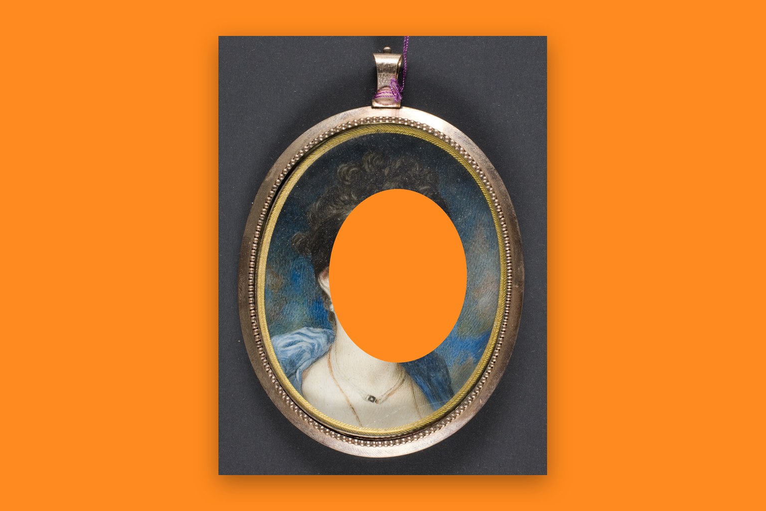 A 19th-century portrait miniature of a woman by John Cox Dillman Engleheart, in a pendant frame, with the face cut out to a flat tangerine backdrop