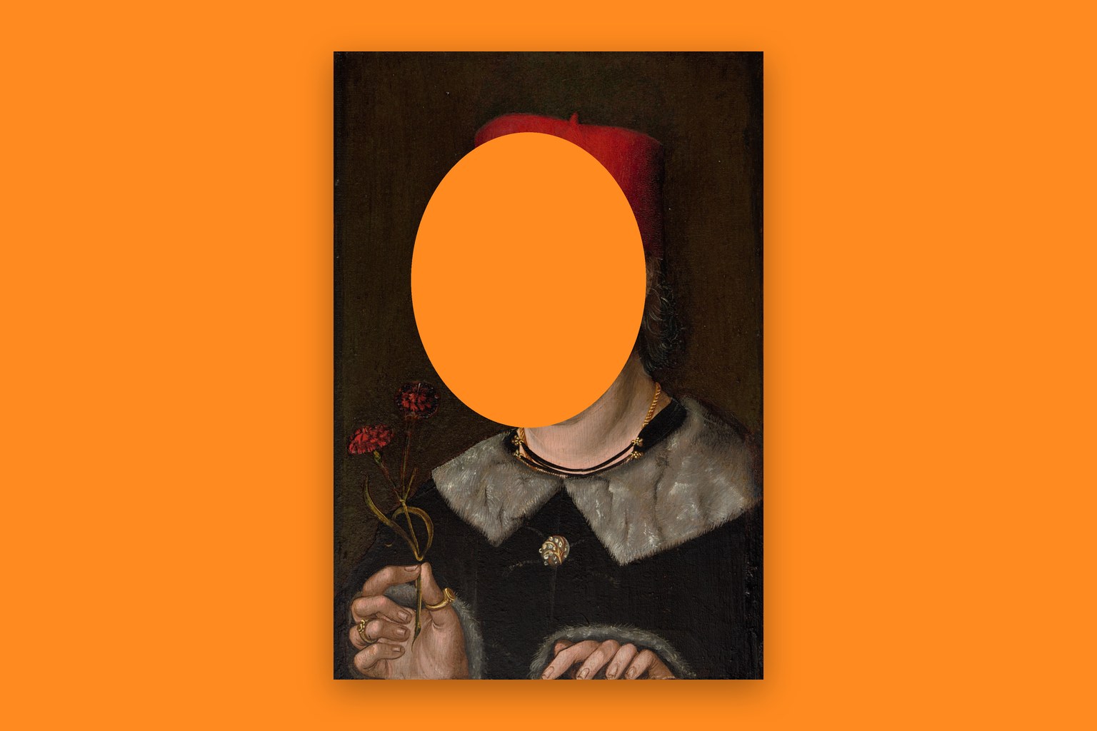 A German portrait of a man in a red cap (c. 1480), with the face cut out to a flat tangerine backdrop