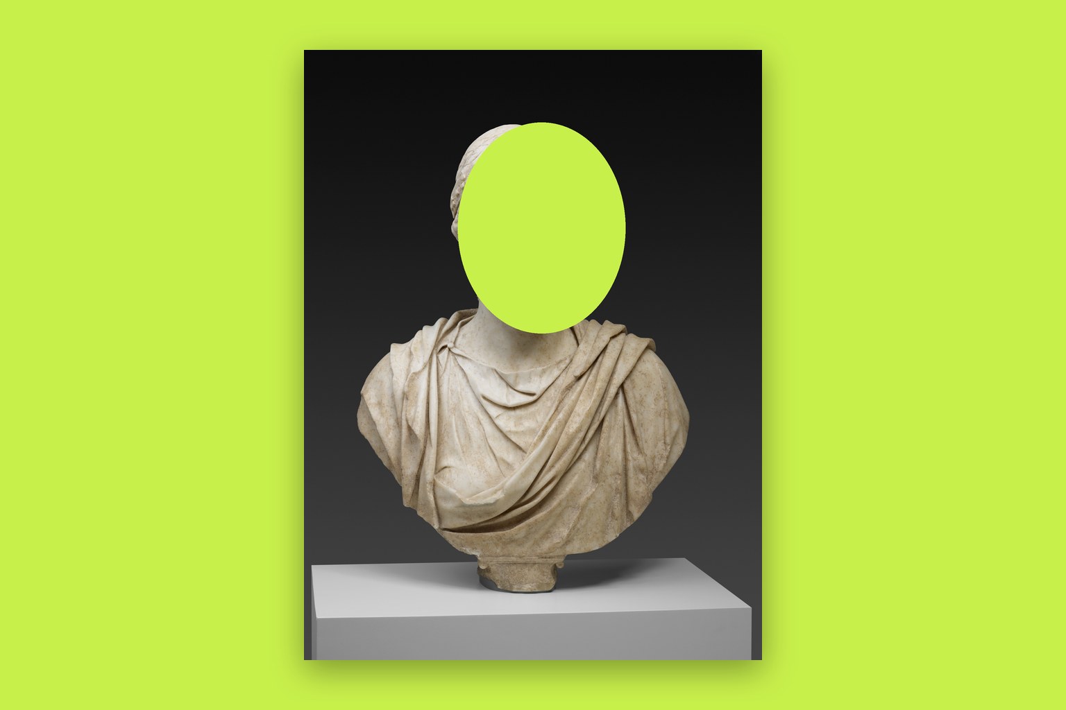 An ancient Roman marble portrait bust of a woman (mid-2nd century), with the face cut out to a flat lime backdrop