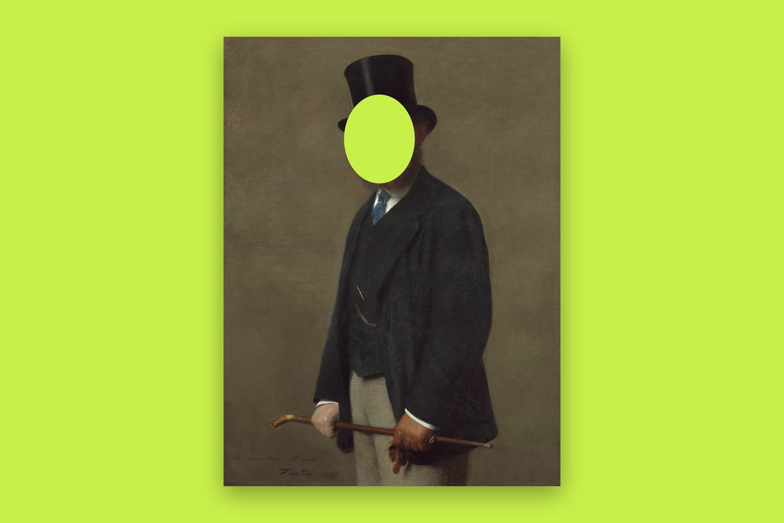 Henri Fantin-Latour's portrait of Édouard Manet (1867), with the face cut out to a flat lime backdrop