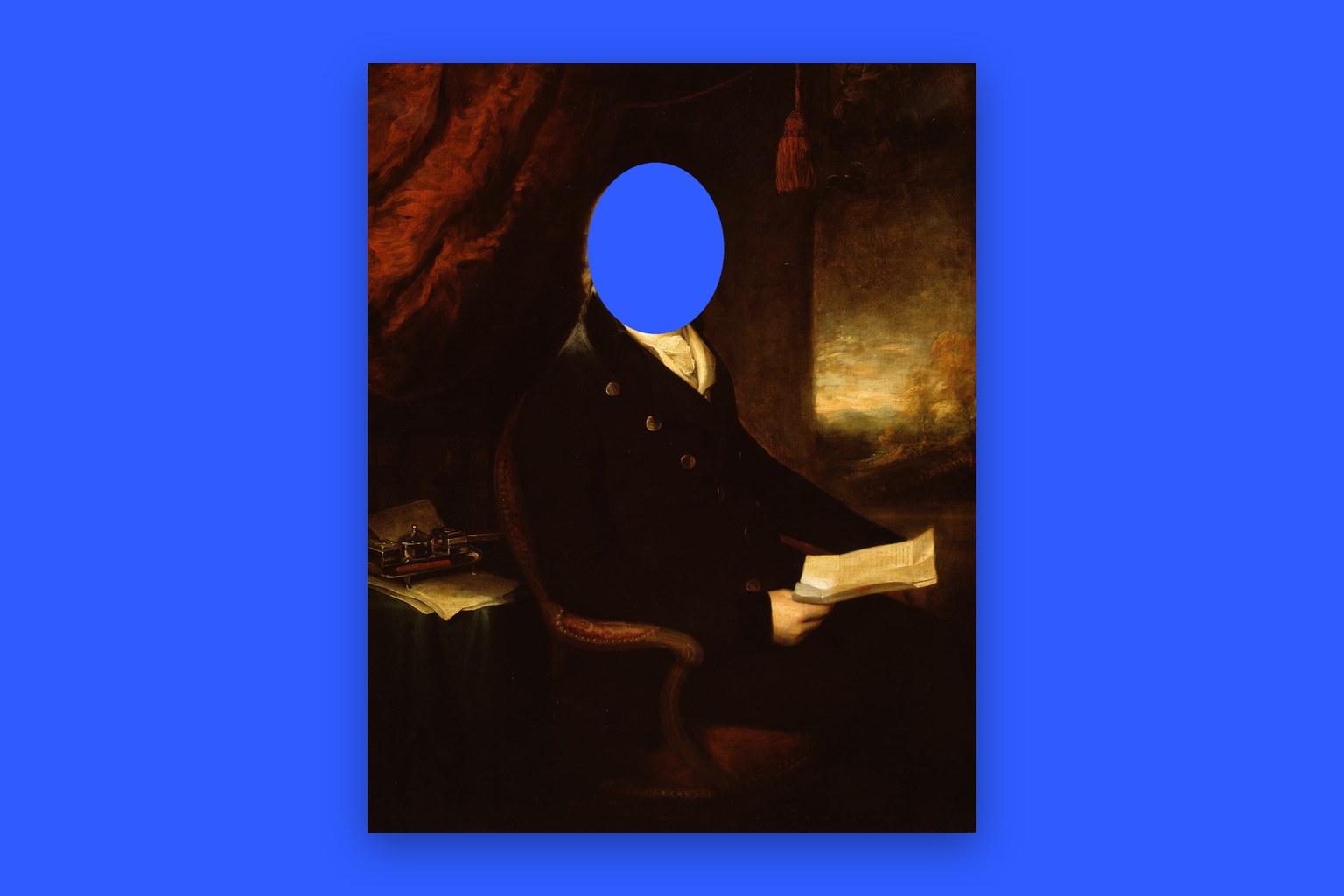 Portrait of a Man by Benjamin West (1790–99), with the face cut out to a flat cobalt blue backdrop