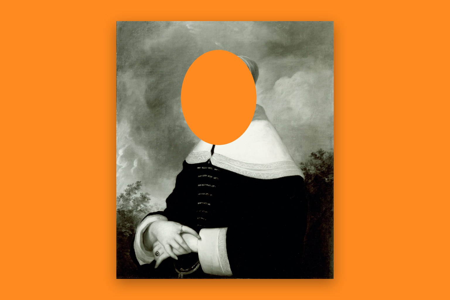 A Dutch portrait of a woman (c. 1655), with the face cut out to a flat tangerine backdrop